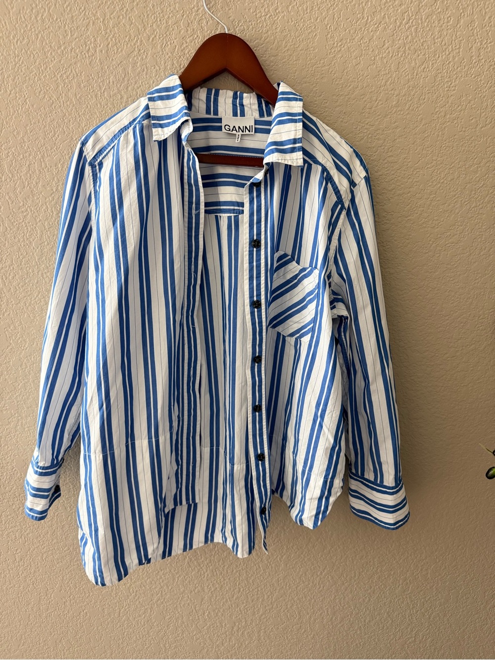 Ganni Women's Blue Striped Cotton Button-Up Shirt Size 42 US 8